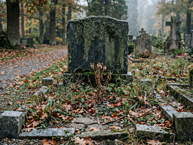 Urnengrab vor der Pflege — überwuchert und vernachlässigt