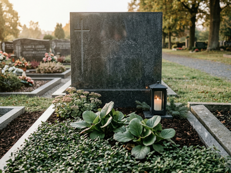 Reihengrab nach der Pflege — gereinigt und neu bepflanzt