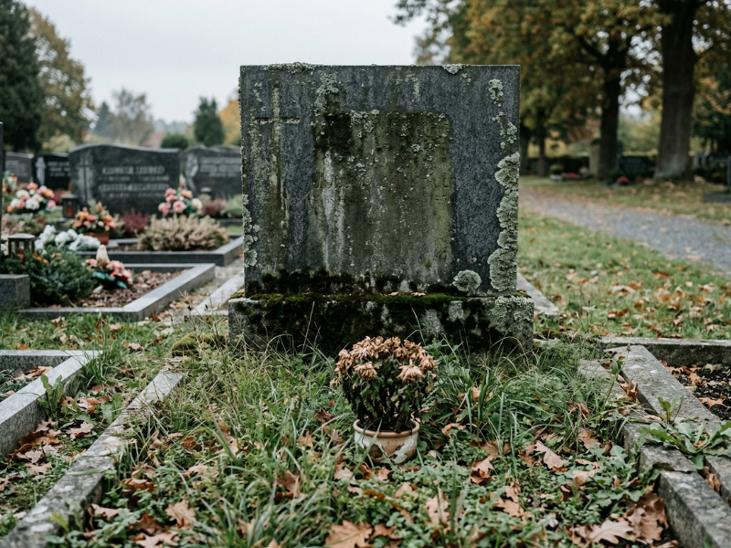 Reihengrab vor der Pflege — Moos und Unkraut