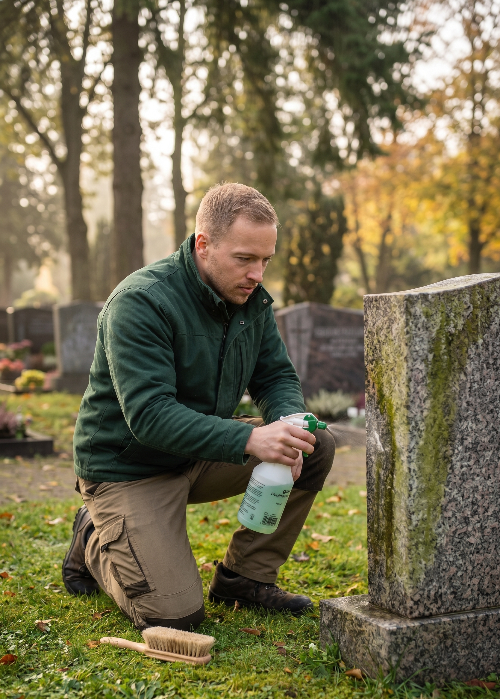 Max von Grabpflege Harz beim Reinigen eines Grabsteins am Zentralfriedhof Wernigerode